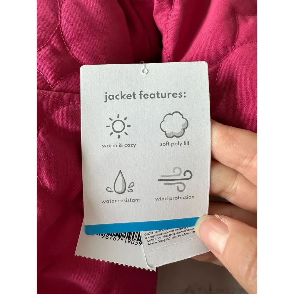 NWT Carter's Fuchsia Pink Heart Quilted Puffer Jacket Hood Size 4T